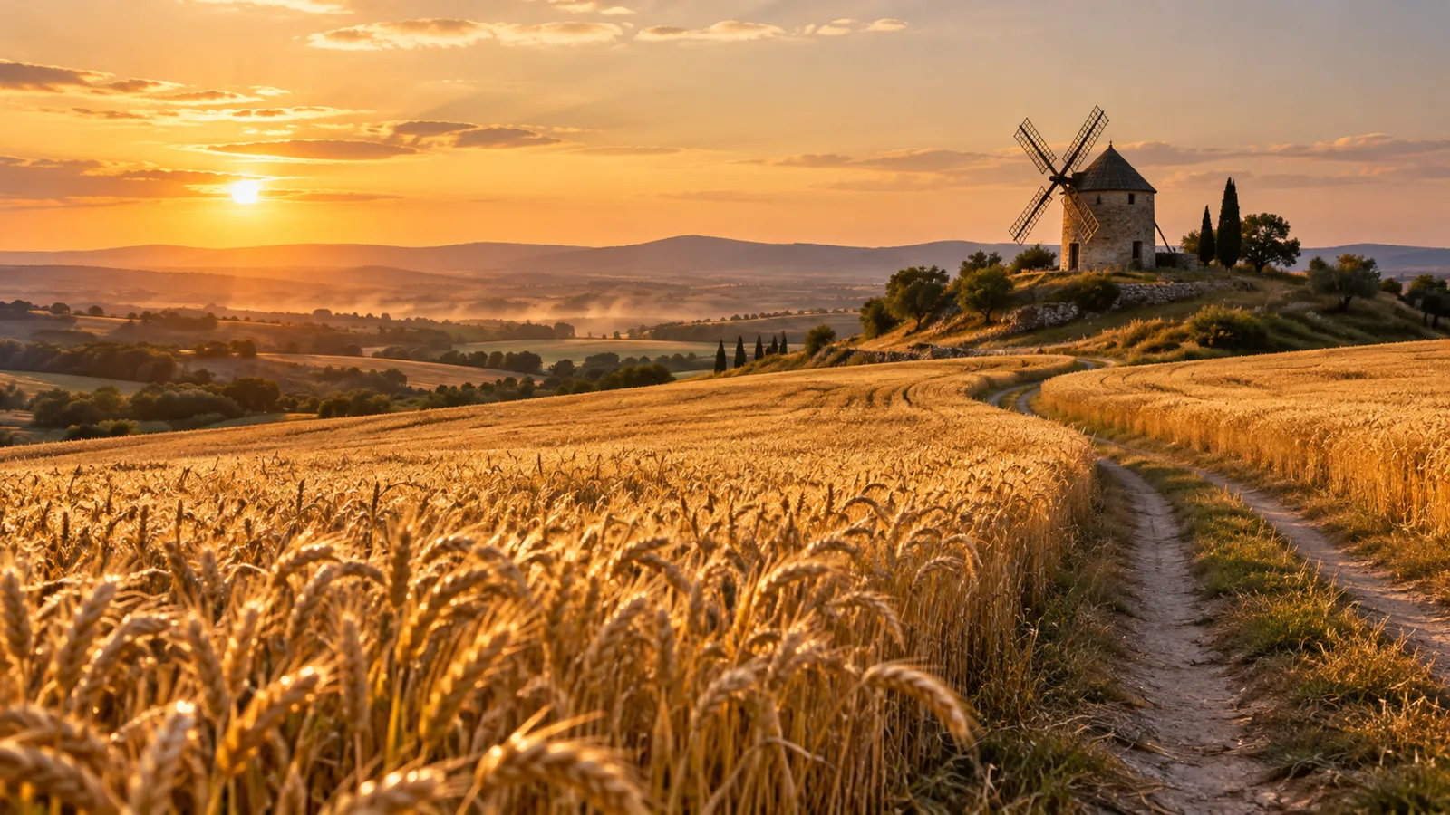 Wheat field and windmill at sunset