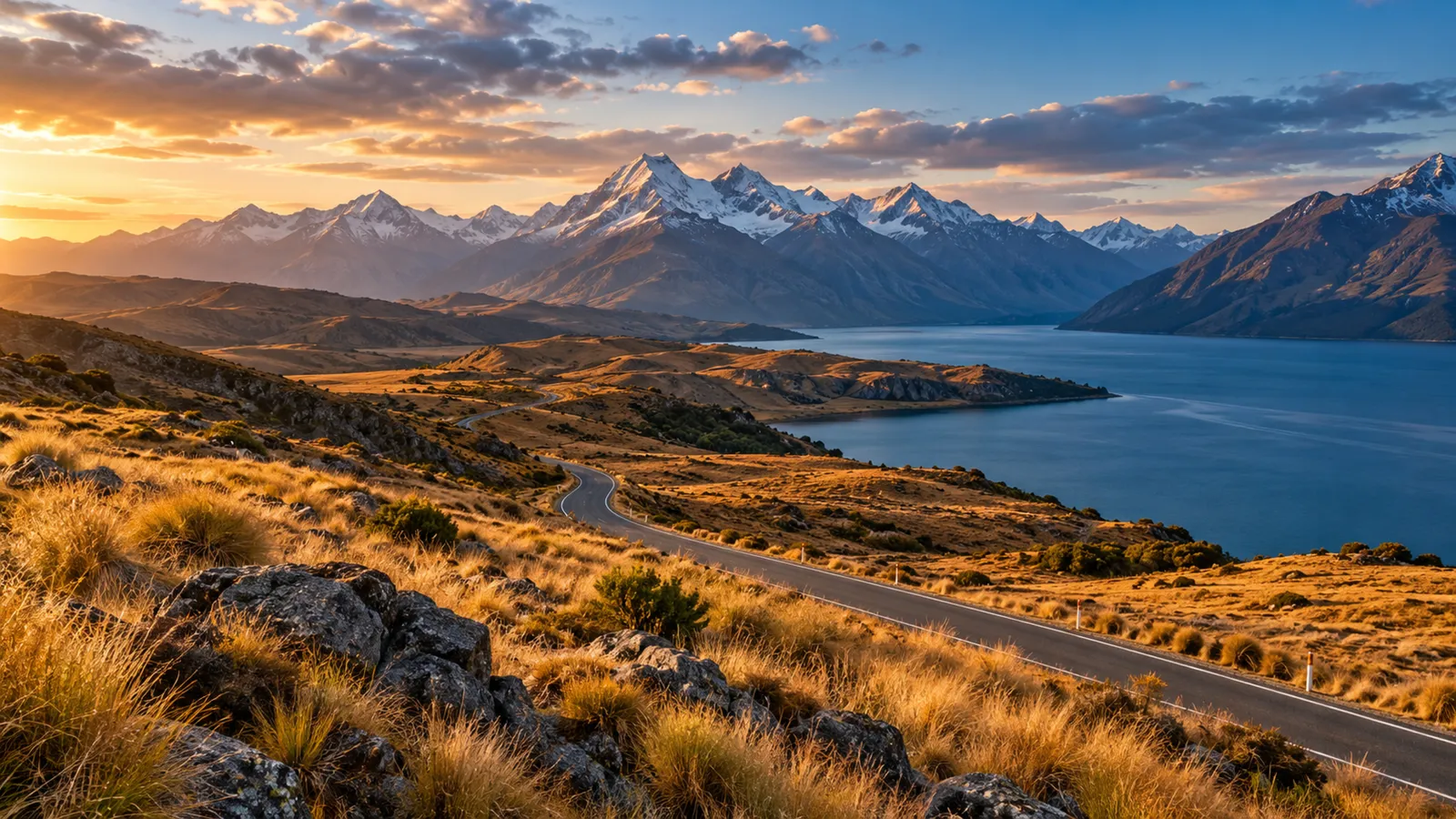 Road beside a mountain lake at sunset