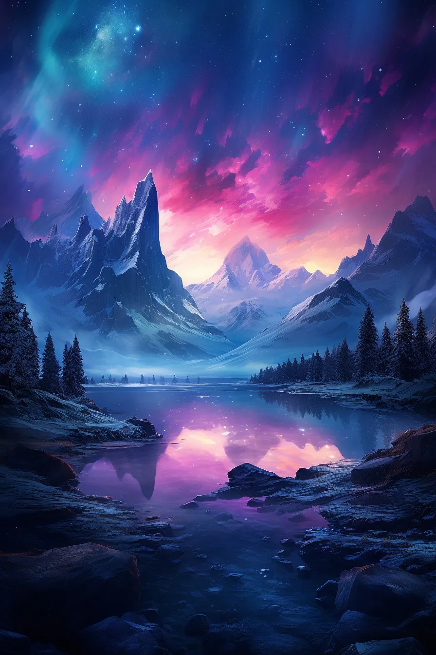 Northern lights over snowy peaks