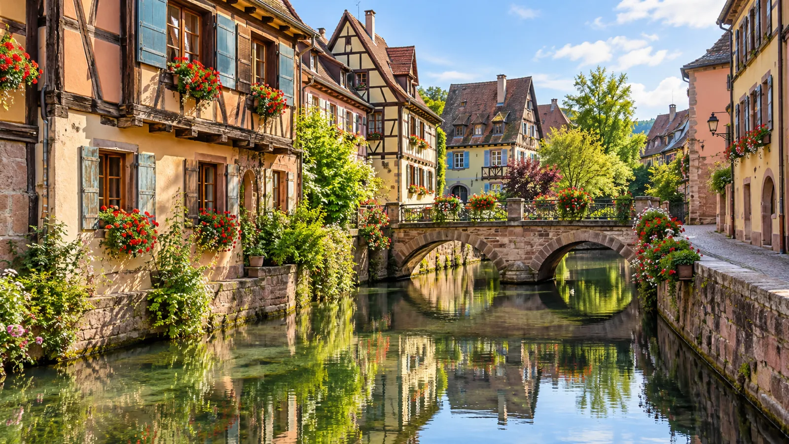 Half-timbered houses along a canal in Alsace