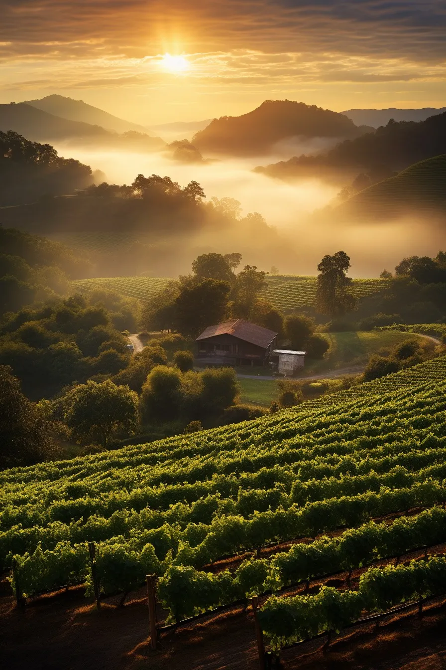 Morning mist over vineyards