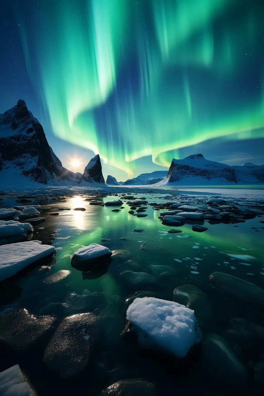 Aurora borealis over icy mountains