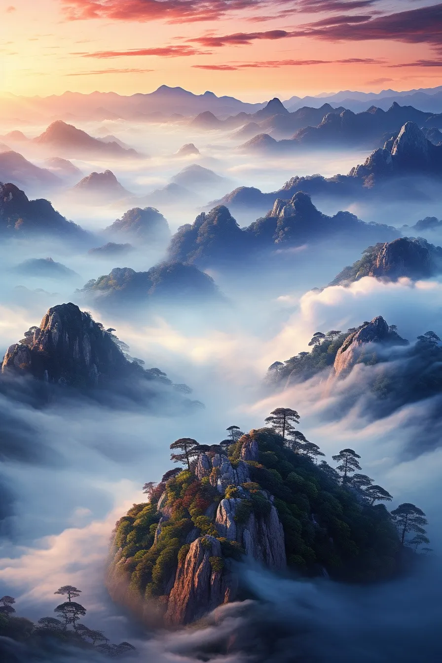 Fog-shrouded mountain range