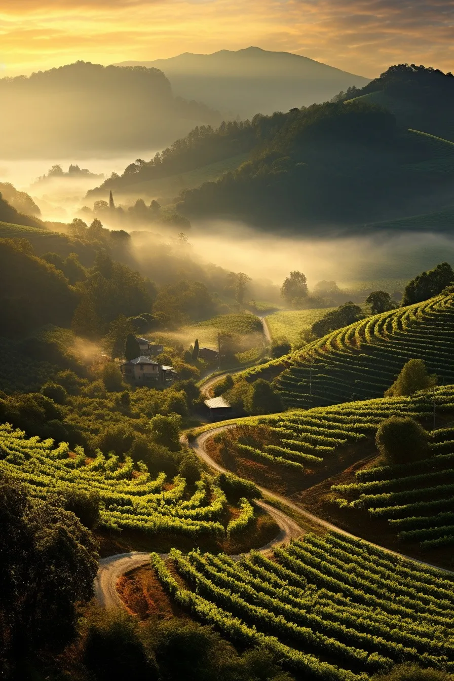 Morning mist over vineyards