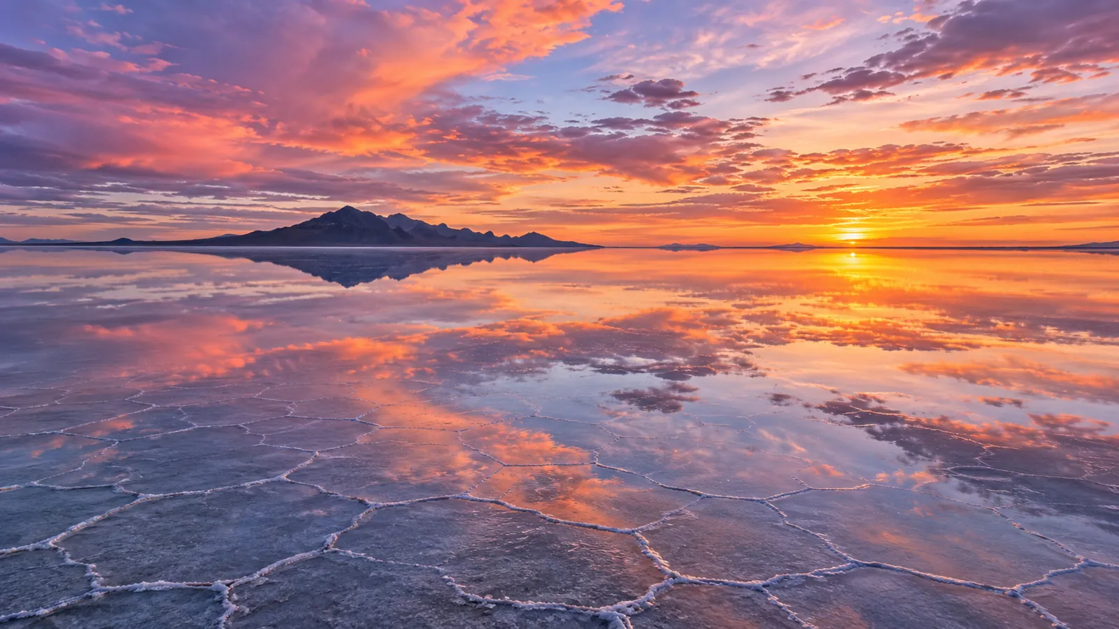 Sunset reflected on a salt flat