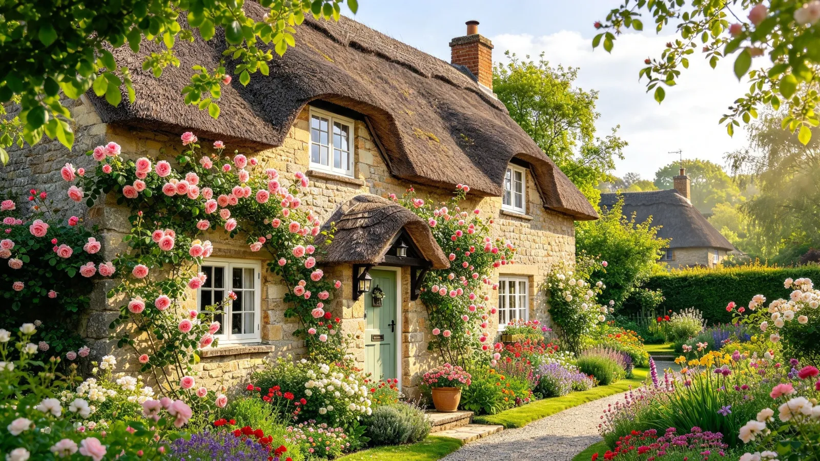 Thatched cottage with a rose garden