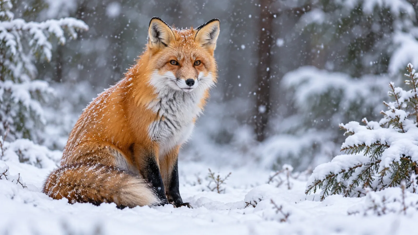 Red fox sitting in the snow