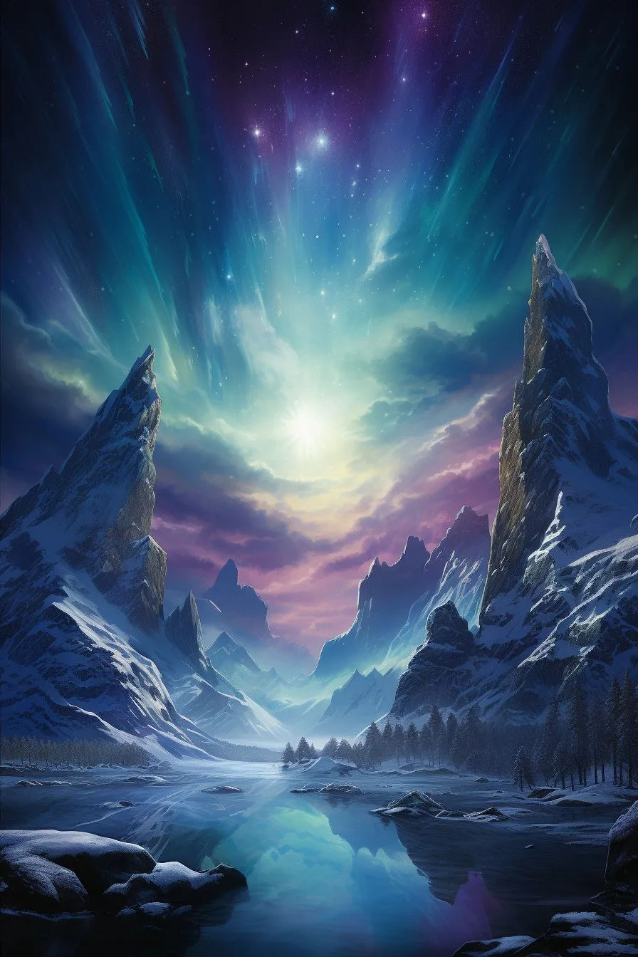 Northern lights over snowy peaks