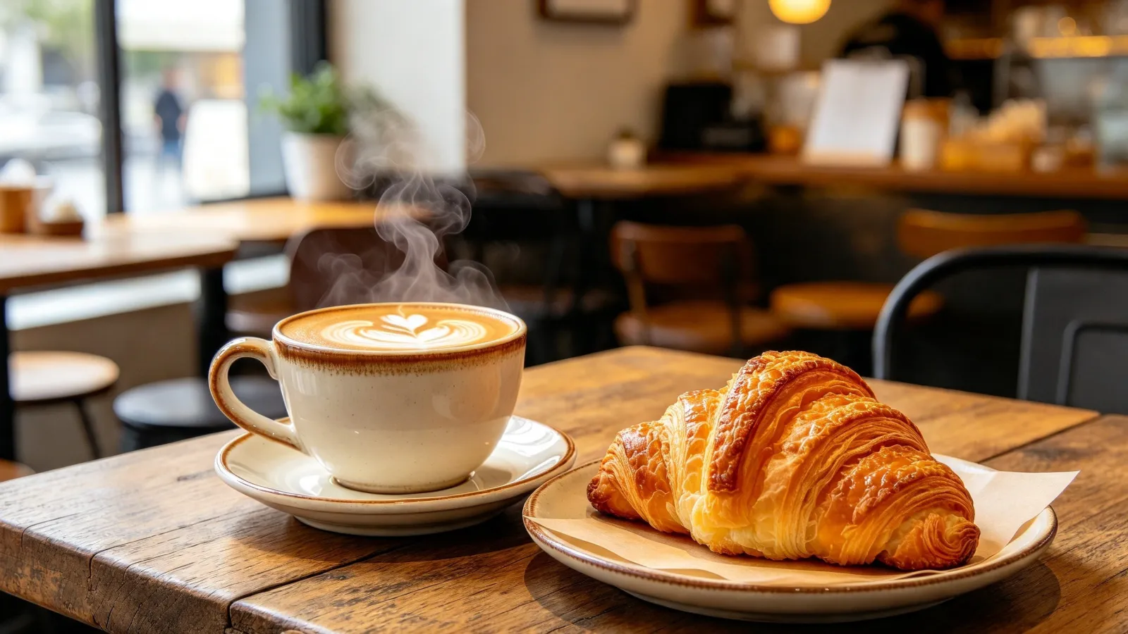 Cappuccino and croissant on a café table