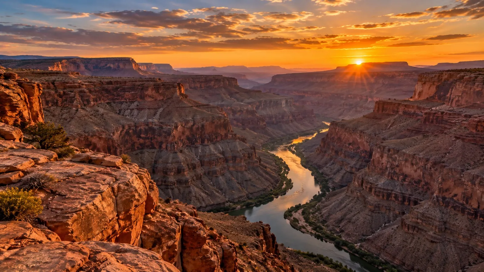 Canyon and river at sunset