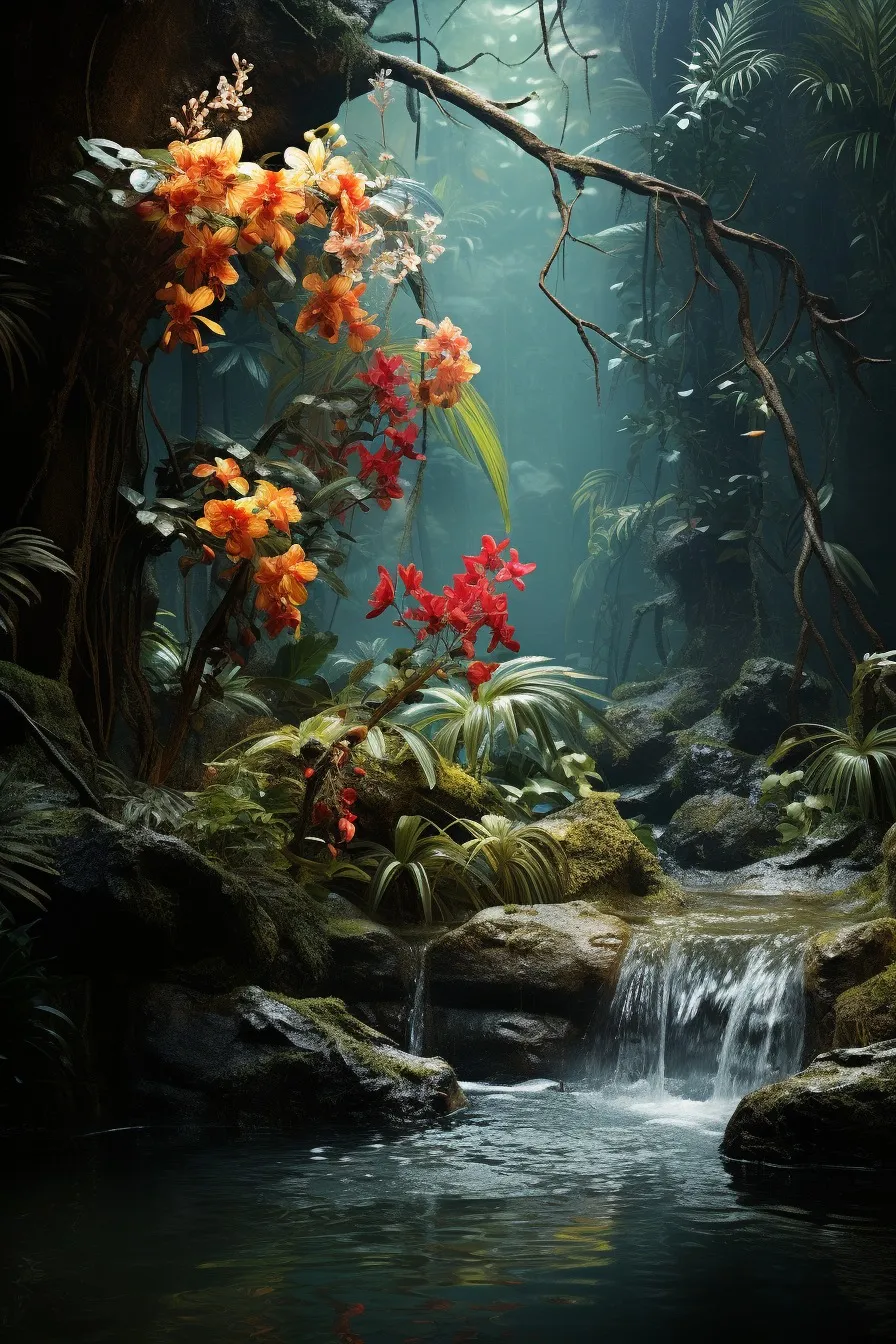 Tropical waterfall surrounded by flowers