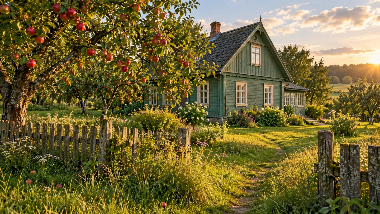 Green farmhouse beside an apple orchard