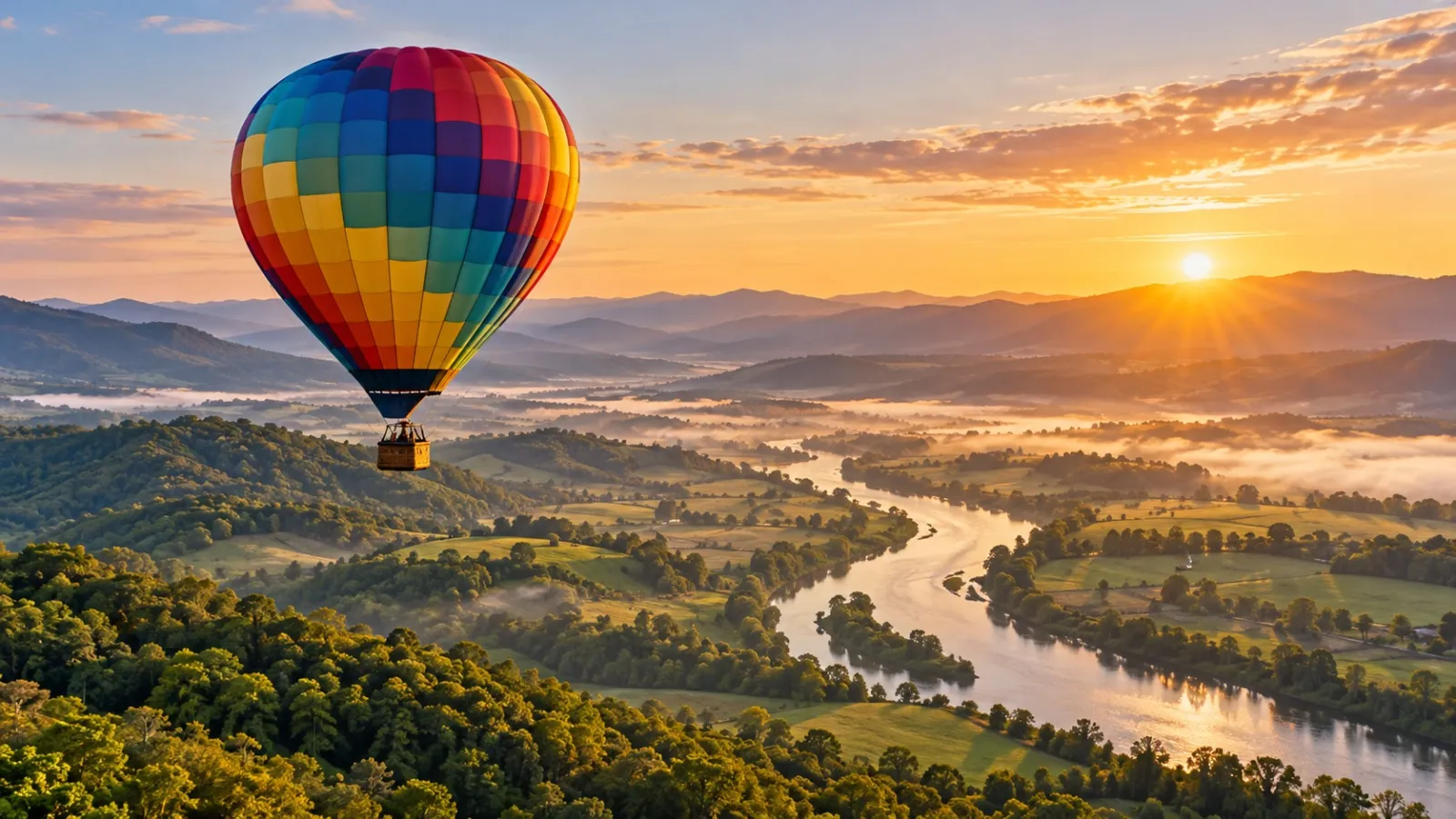 Hot air balloon over a river valley