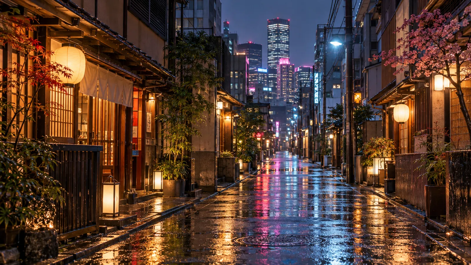 Rainy Tokyo side street with lanterns