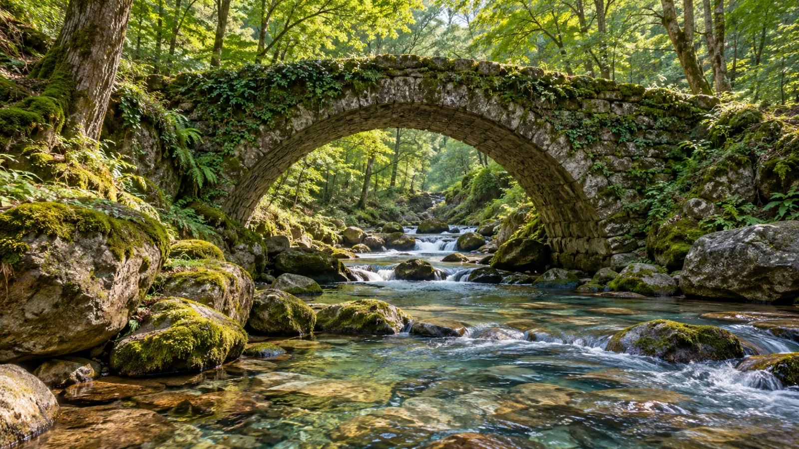 Mossy stone bridge over a forest stream