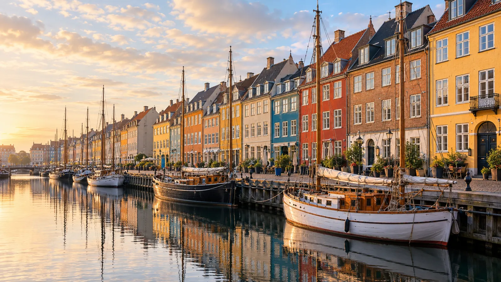 Colourful harbour houses and sailing boats