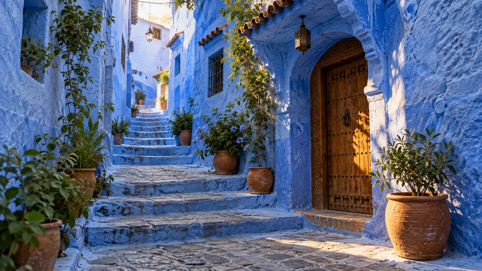 Blue-painted alley with steps in Morocco