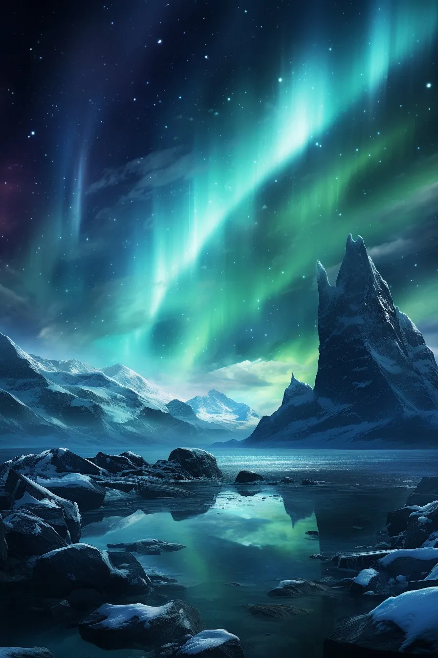 Aurora borealis over icy mountains