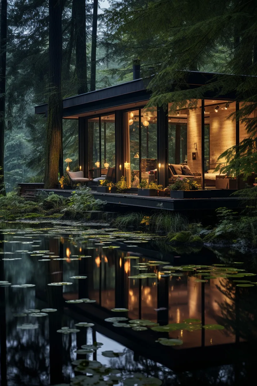 Forest retreat beside a still lake