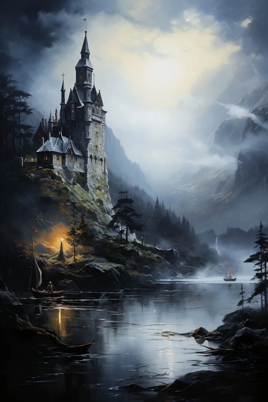 Clifftop castle above a calm inlet