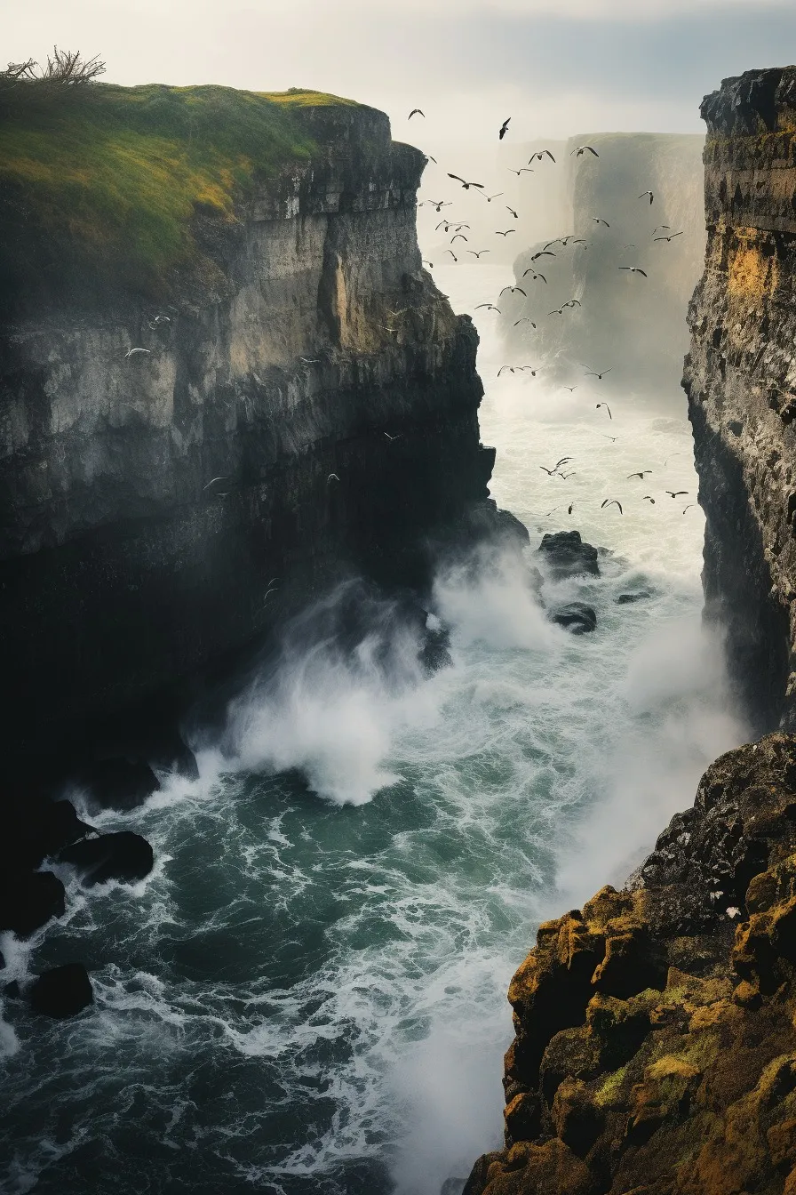 Waves crashing against coastal cliffs