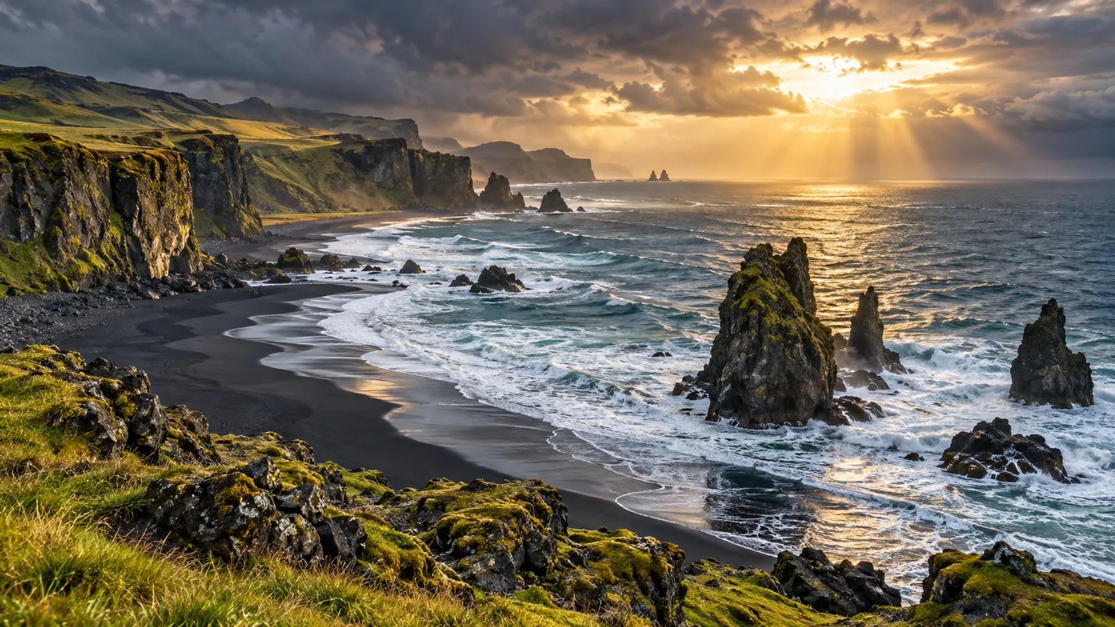 Black sand beach and sea stacks under storm light