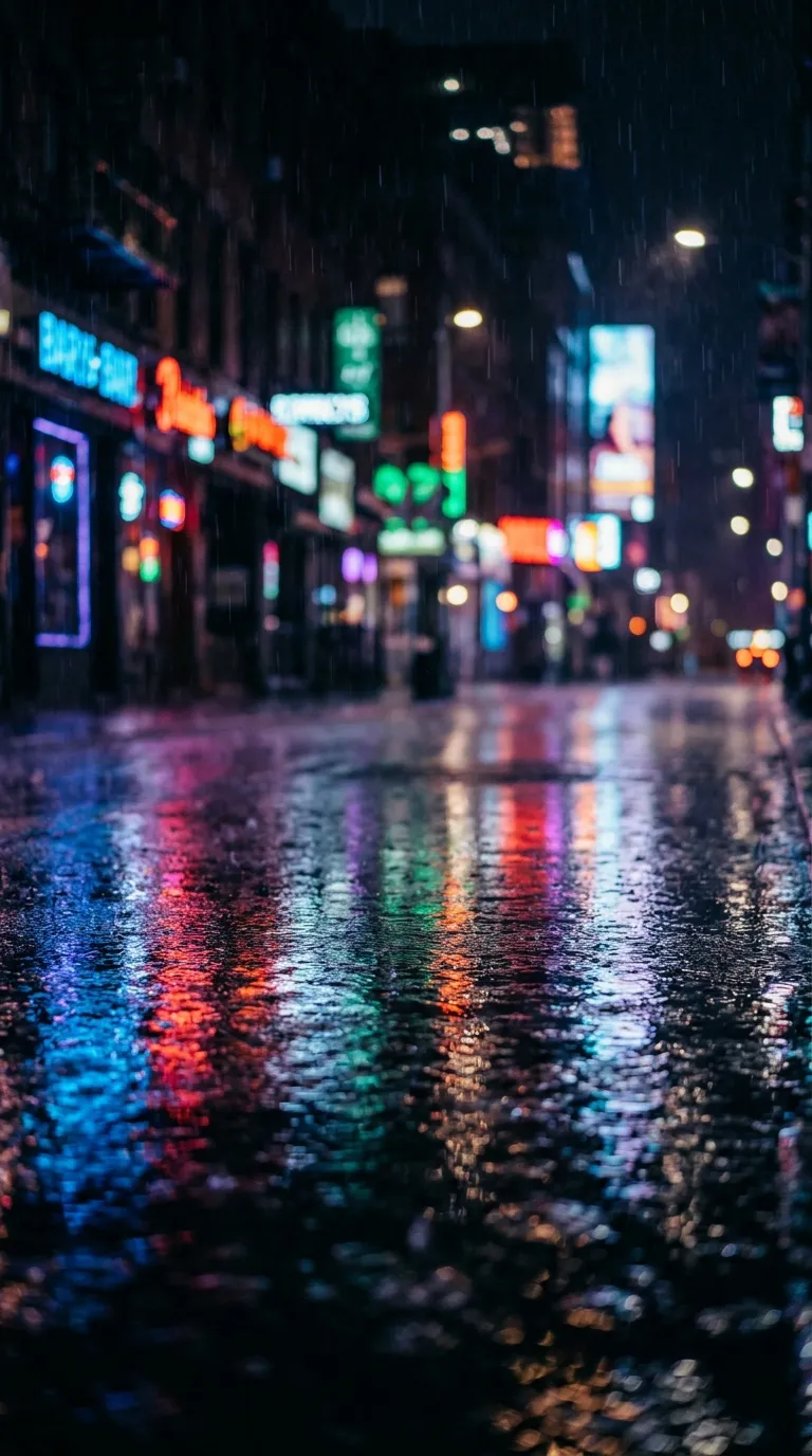 Rainy city street with neon reflections