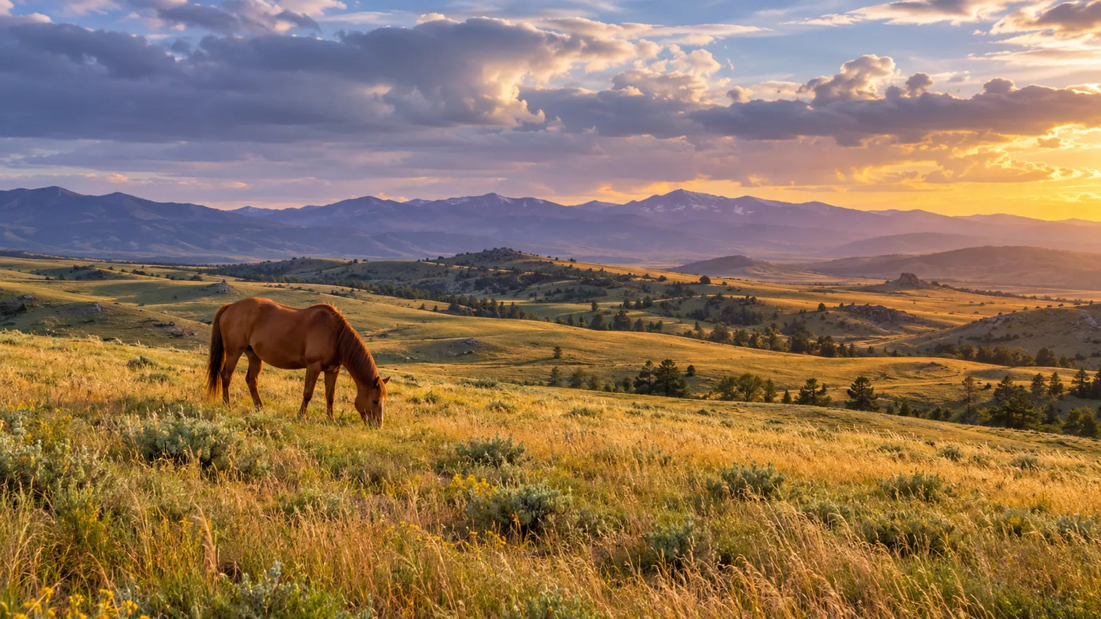 Horse grazing on golden grassland