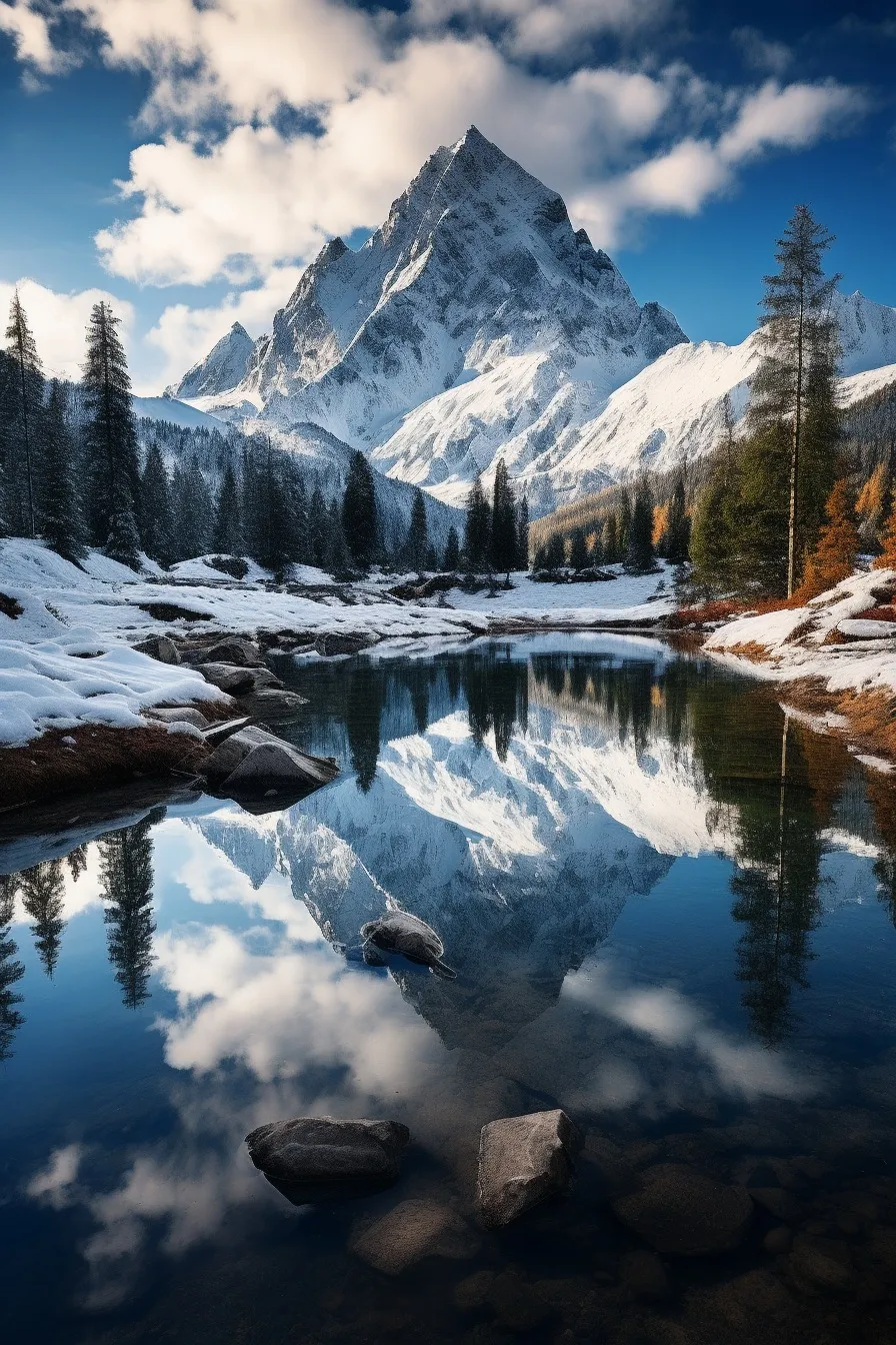 Snow-capped peaks reflected in a lake
