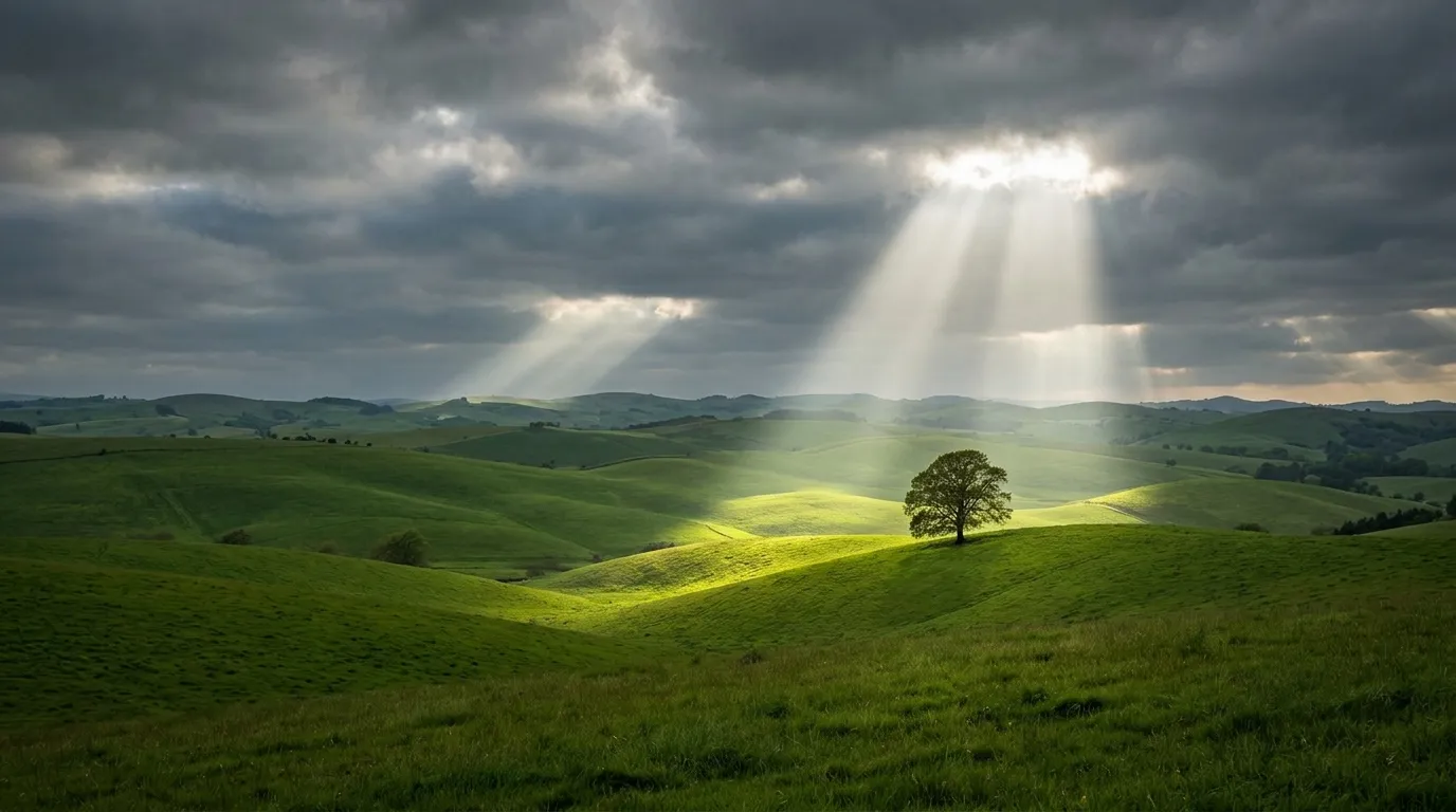 Lone tree on green hills under sunbeams