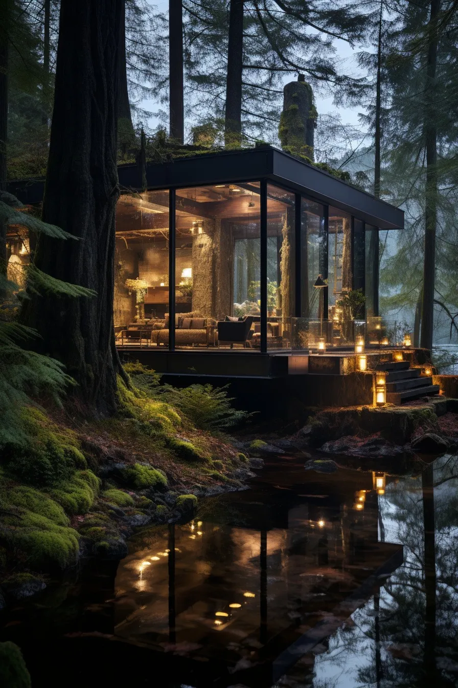 Forest retreat beside a still lake