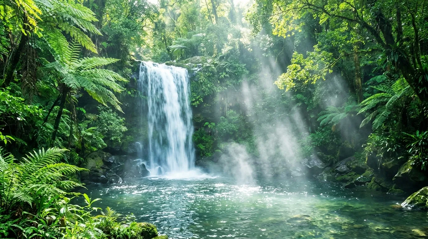 Waterfall pouring into a jungle pool