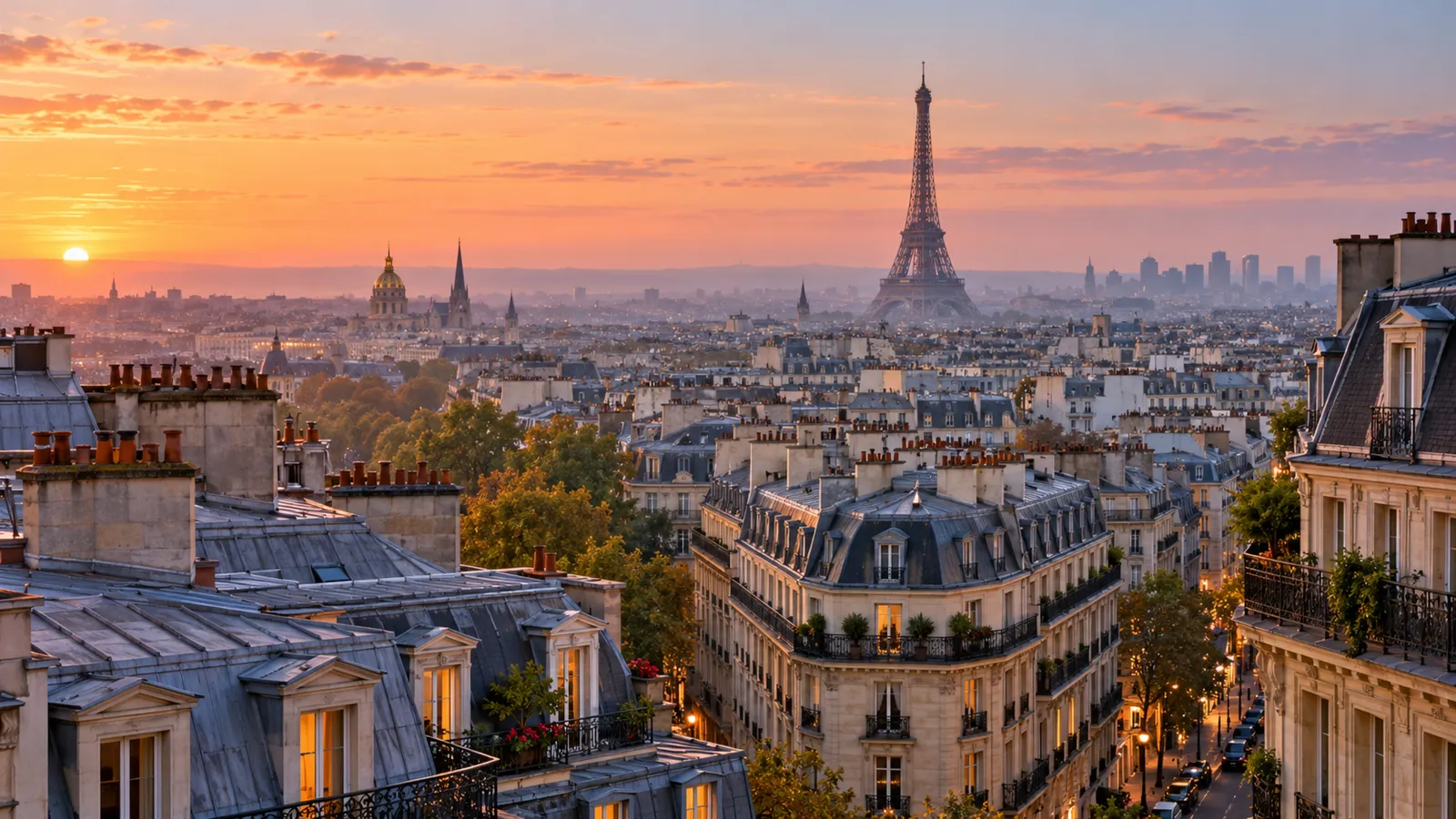 Paris rooftops and the Eiffel Tower at dawn