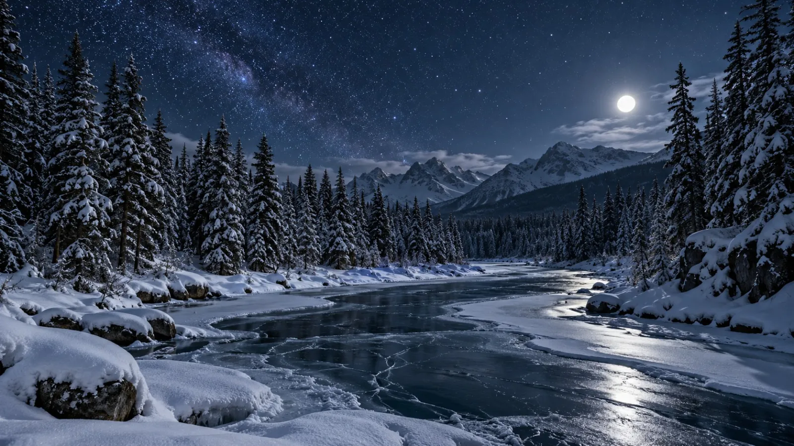 Snowy forest and frozen river at night