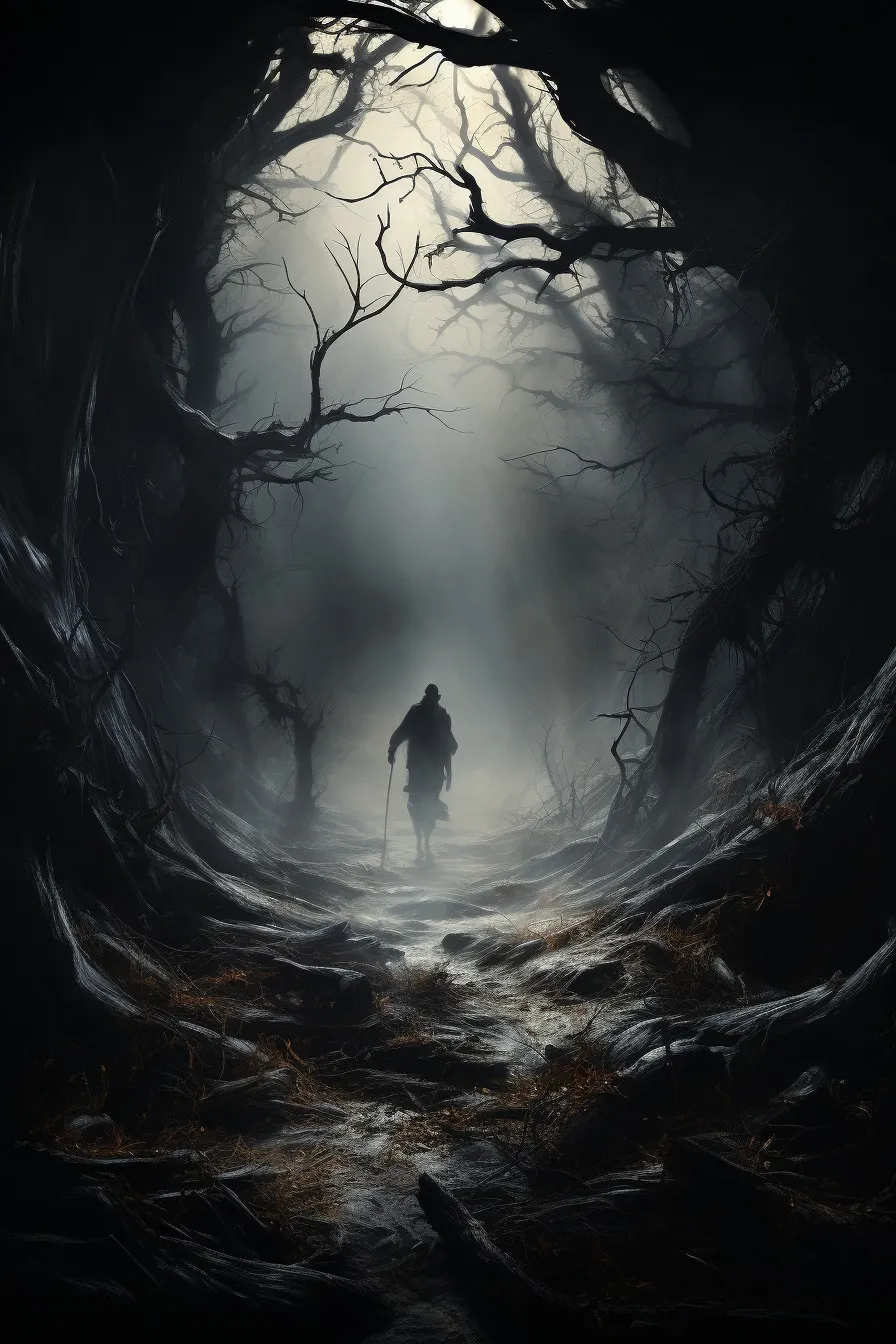 Eerie foggy moor with twisted trees