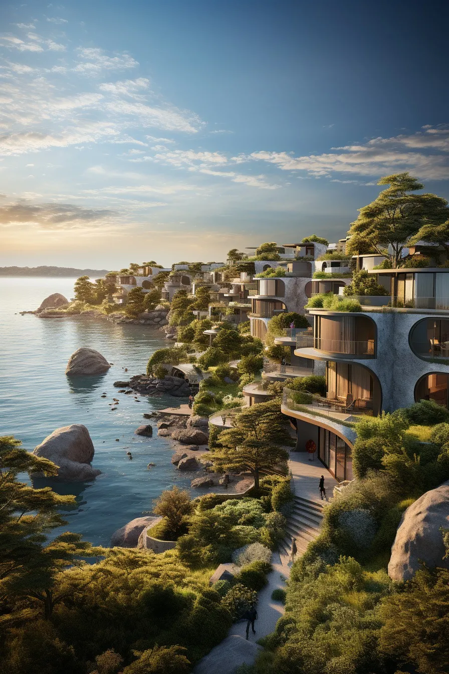 Coastal village between green cliffs