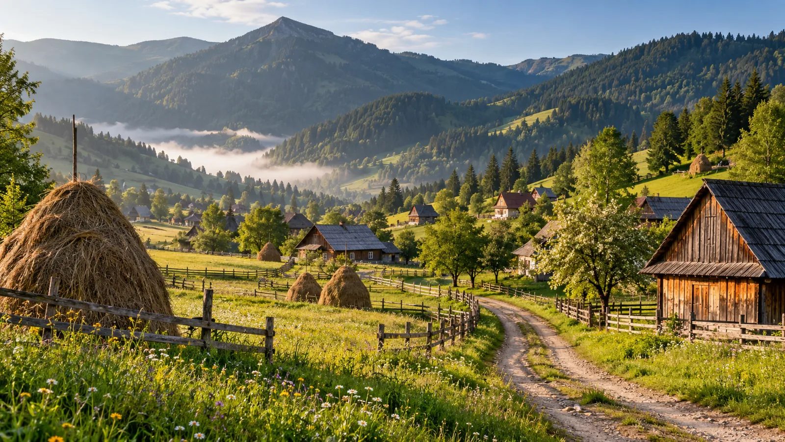 Mountain village with haystacks and wooden barns