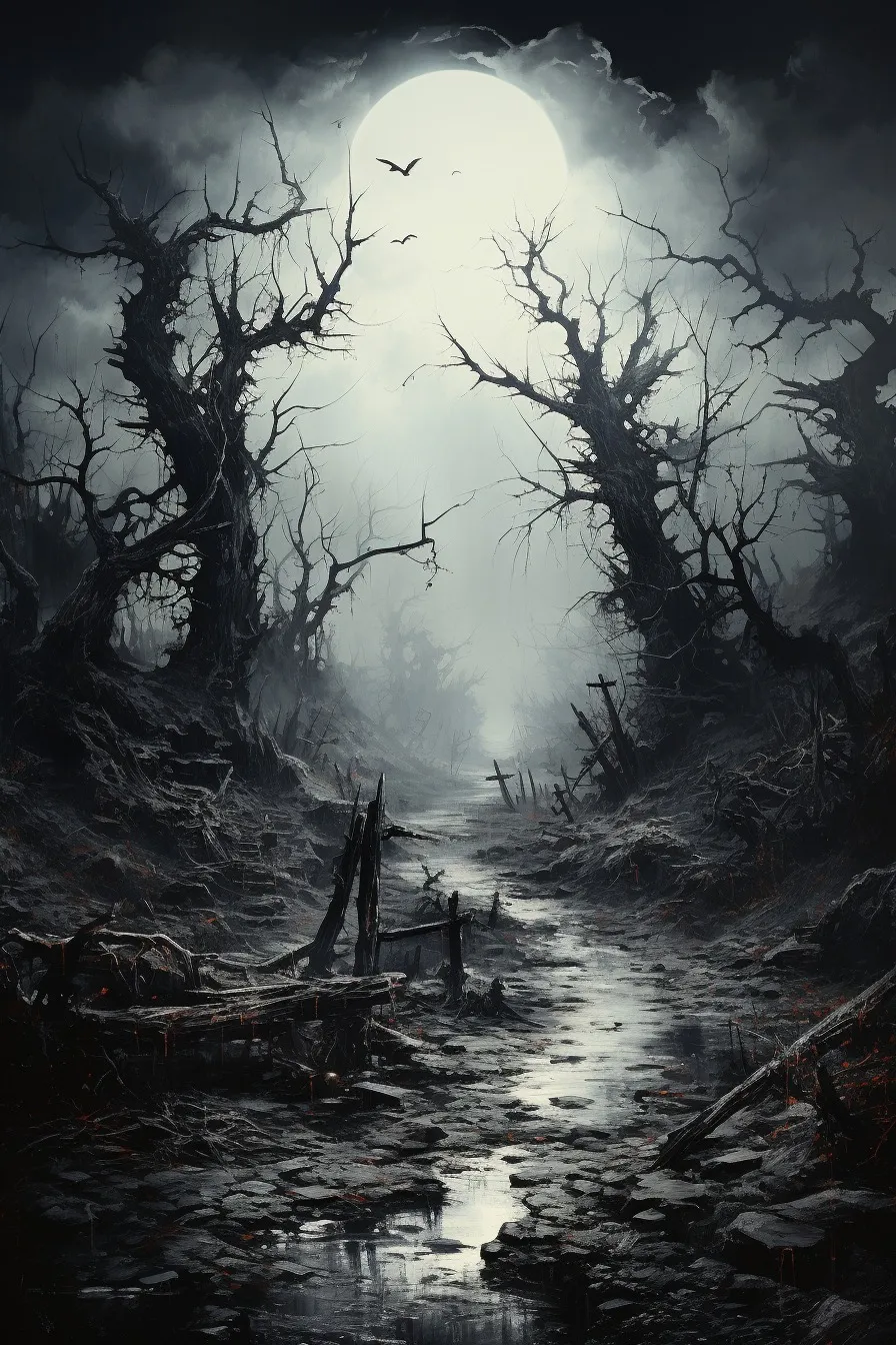 Eerie foggy moor with twisted trees