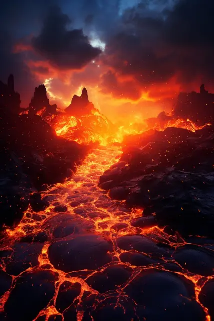 Volcano with flowing lava