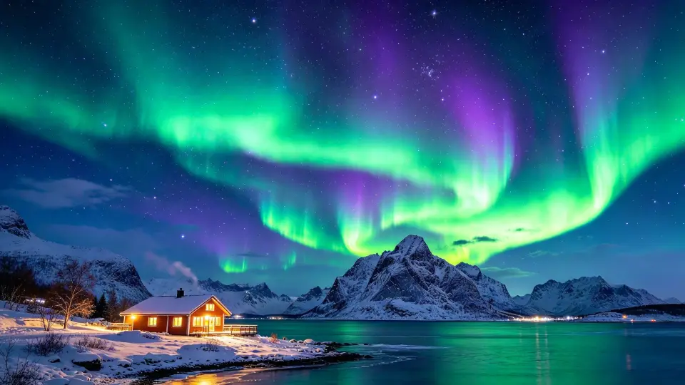Northern lights over a cabin by a lake