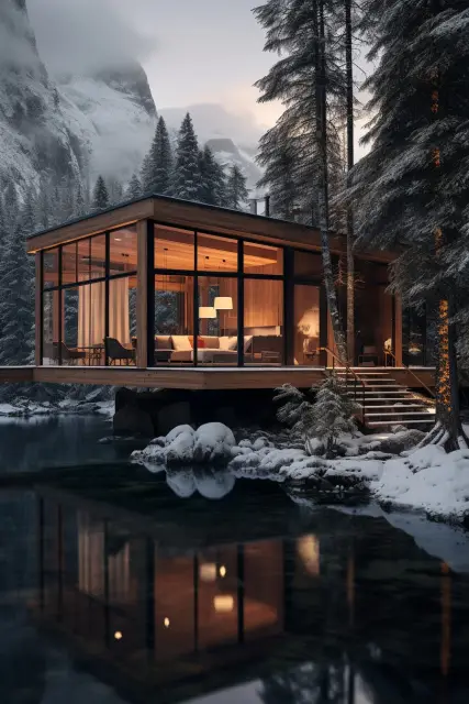 Mountain cabin among tall pines