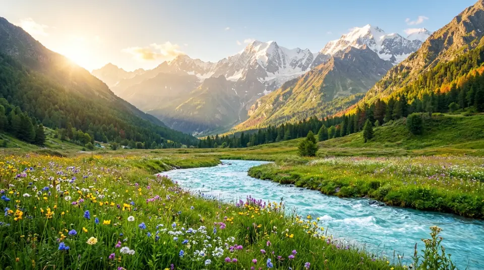Wildflower meadow and river in a mountain valley