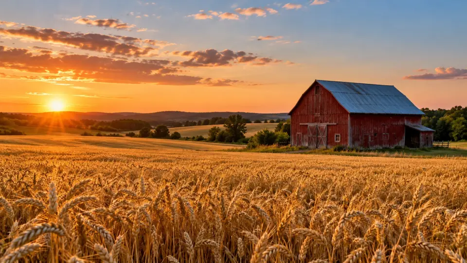 Red barn in a golden wheat field