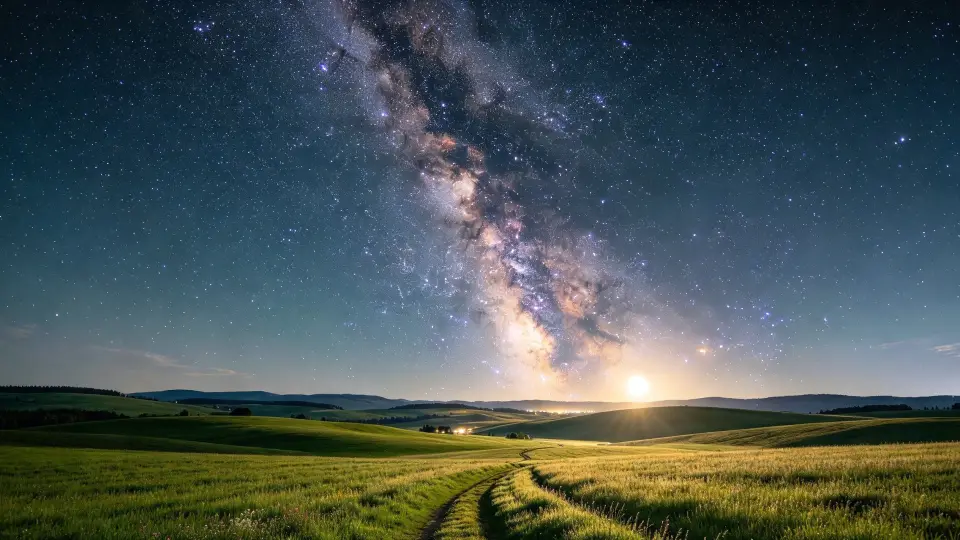 Milky Way over a grassy field