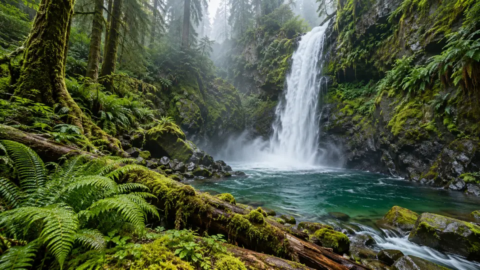 Waterfall in a misty rainforest