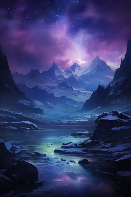 Northern lights over snowy peaks