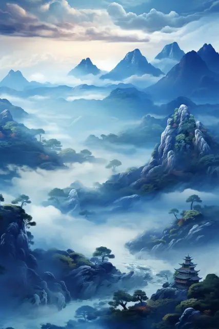 Fog-shrouded mountain range