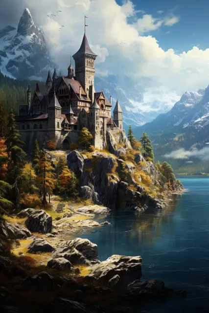 Clifftop castle above a calm inlet