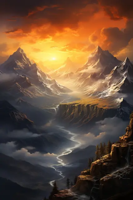 Dramatic mountain peaks at sunset