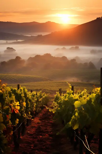 Foggy dawn over vineyards